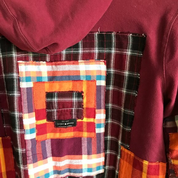 Upcycled Patchwork Hoodie, Size M: Magenta Boho Snap Front Jacket, Campus Grunge - Picture 15 of 17
